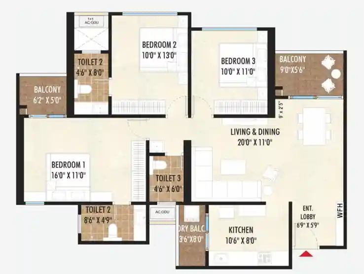 3 BHK — unit plan